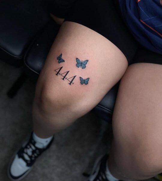 Blue Butterfly 444 Thigh Tattoo